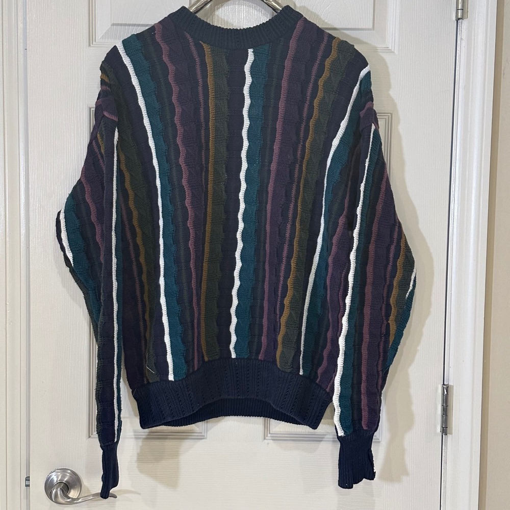 Structure Vintage 90s Vertical Cable Knit Cotton Sweater Navy Purple Mens M